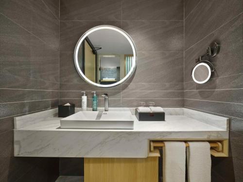 阿克苏市阿克苏中心希尔顿花园酒店的一间带水槽和镜子的浴室
