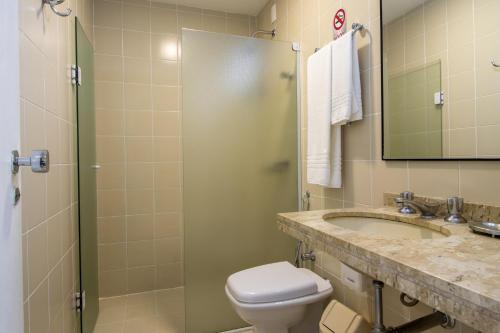 弗洛里亚诺波利斯Rio Branco Hotel的一间带卫生间、水槽和镜子的浴室