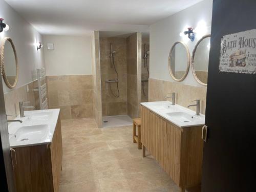 弗米盖赫Villa du Parc le Sapin的浴室设有2个盥洗盆、淋浴和2面镜子。