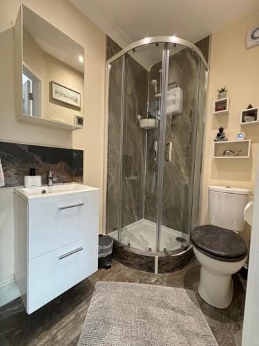 海布里奇Greenlands Guest House的带淋浴、卫生间和盥洗盆的浴室