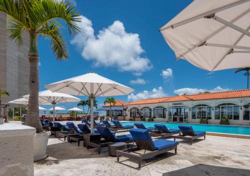 迈阿密迈阿密洲际酒店的毗邻度假酒店的带椅子和遮阳伞的游泳池