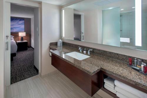 纽瓦克纽瓦克自由国际机场万豪酒店的一间带水槽和大镜子的浴室
