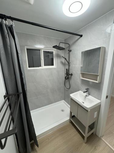 霍普因唐尼汽车旅馆的带淋浴、盥洗盆和浴缸的浴室