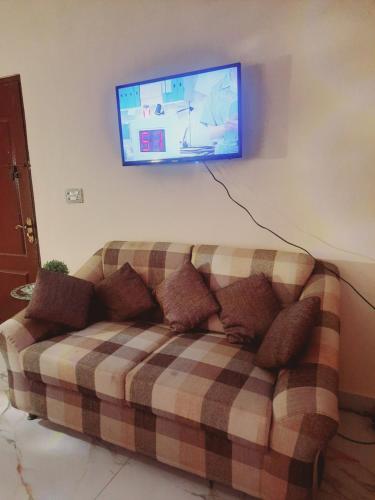 卡拉奇Charming Home banglow的客厅设有沙发,墙上配有电视
