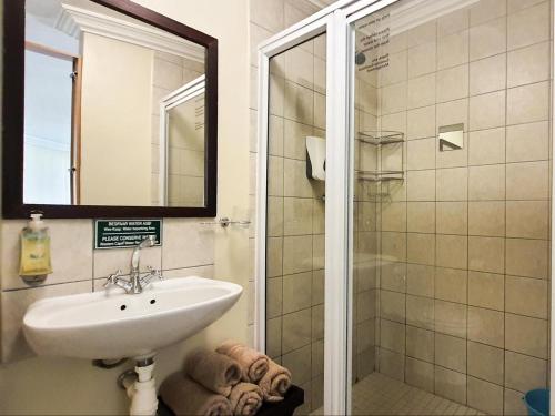惠灵顿卡明斯宾馆的一间带水槽和淋浴的浴室