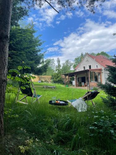 GiebułtówDziejba Izerska的草地上带房子和椅子的院子