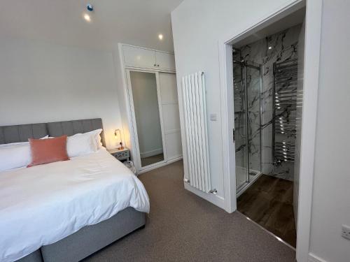 Port Saint Mary卡里克客房酒店的一间卧室设有一张床和一个步入式淋浴间。