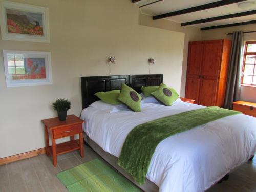 德尔斯特鲁姆Cottage Suikerbekkie的卧室配有带绿色枕头的大型白色床