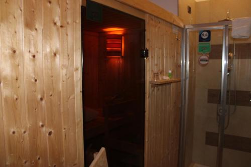 帕加尼Brain Rooms & Suite的带淋浴的浴室和木墙