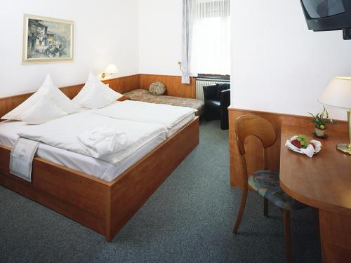 伊瑟隆Haus Von Der Heyde的配有一张床和一张书桌的酒店客房