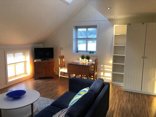 纳姆索斯Stenegården的客厅配有蓝色的沙发和桌子