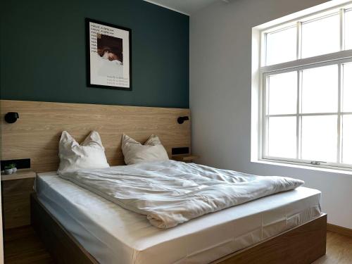 HolebyAiden by Best Western Lolland的卧室内的一张床位,卧室设有绿色的墙壁