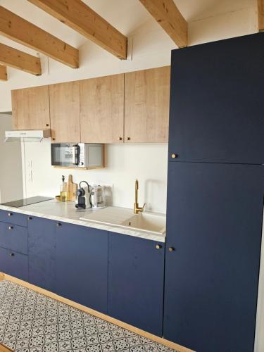 欧迪耶讷Sur le Port de Plaisance - Anatoline Appart'Hotel的蓝色的厨房设有水槽和冰箱