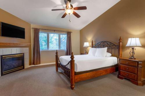威斯康星戴尔Tamarack Wisconsin Dells, a Ramada by Wyndham的一间卧室配有一张床、一个壁炉和一个吊扇
