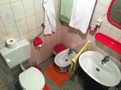 韦莱涅Reich Motel的一间带卫生间和水槽的小浴室