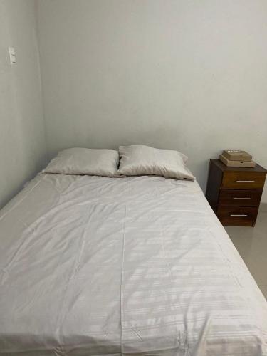 皮乌拉Edificio Casuarinas的配有一张带两个枕头的白色床; 夜 ⁇ 