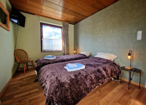马尔斯贝格Gasthof Zum Burghof的一间卧室设有两张床和窗户。