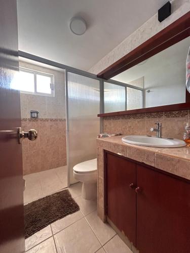 博卡德尔里奥"Condominio Américas"的浴室配有卫生间、盥洗盆和淋浴。