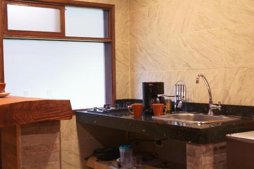 拉卡莱拉Eco Chalet El Encanto La Calera的厨房设有水槽和窗户。