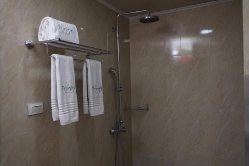 亚的斯亚贝巴奇尼迪酒店的一间带白色毛巾和淋浴的浴室