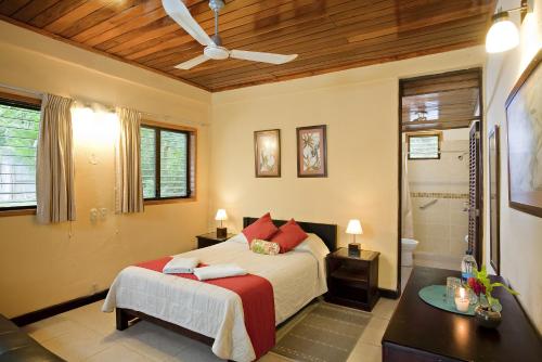 蒂卡尔蒂卡尔捷豹酒店的一间带大床的卧室和一间浴室