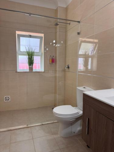 拉戈斯Vila Graciosa - Tranquility Oasis的一间带卫生间和淋浴的浴室以及窗户。