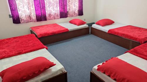 帕坦Budget Backpacker's Hostel的宿舍间的三张床,配有红色枕头