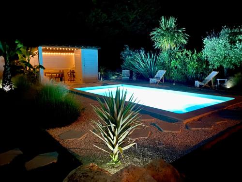 La Lande-de-FronsacMaison d'exception Girondine的夜间在院子里的游泳池