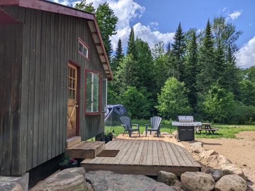 MaynoothMeadowlark Cabin #5的小屋设有天井和桌椅