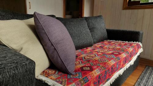 普孔Tres Bosques的一张带两个枕头的沙发,上面有毯子