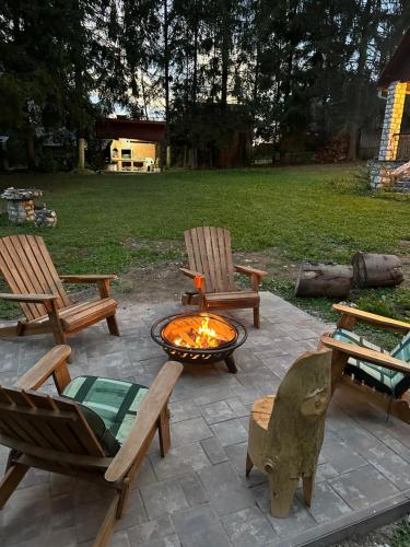 伊兹沃鲁穆列什鲁伊Lake House的庭院设有两把椅子和一个火坑
