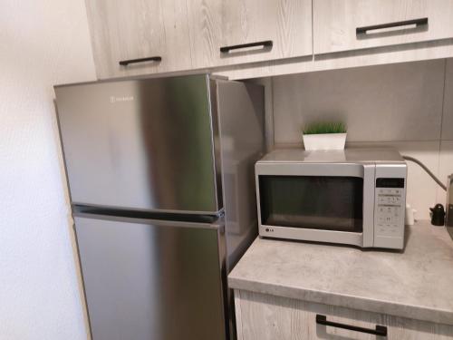 PanayíaVitamin sea Studio的厨房配有不锈钢冰箱和微波炉。