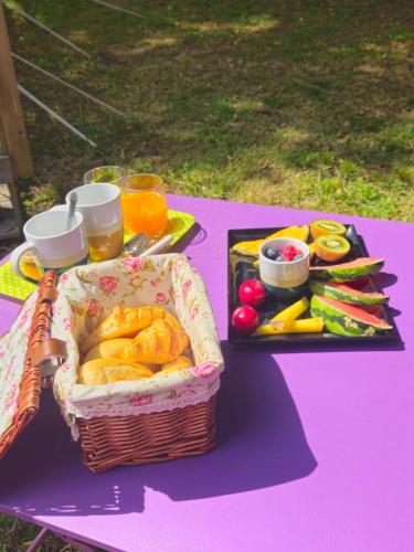 维琪奥港Domaine Authentique de Rose的一张野餐桌,上面有一篮子的食物和水果
