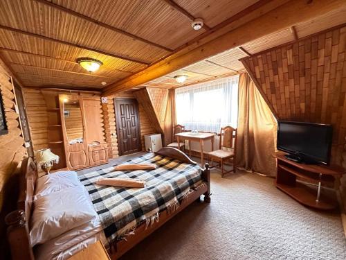 米日吉里亚Trembita的一间卧室配有一张床、一张书桌和一台电视