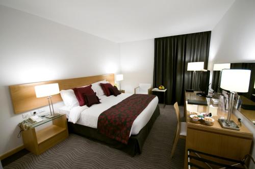 Al Qasţal安曼机场酒店的配有一张床和一张书桌的酒店客房