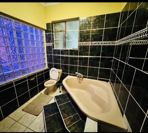 姆巴巴内GoldenWays Motel的带浴缸、卫生间和窗户的浴室