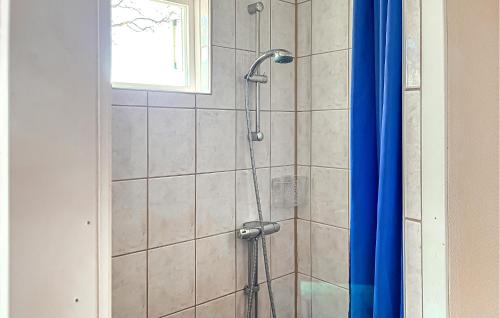 诺尔泰利耶2 Bedroom Nice Home In Norrtlje的浴室内配有蓝色淋浴帘
