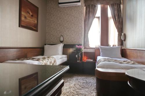 贝尔格莱德维拉特雷兹吉酒店的酒店客房设有两张床和窗户。