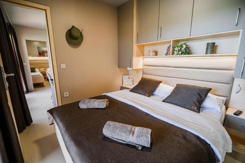 卡特兹奥布萨维DELUXE Lake View Mobile Homes with Thermal Riviera Tickets的一间卧室配有一张大床和两条毛巾