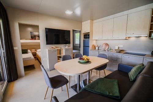 卡特兹奥布萨维DELUXE Lake View Mobile Homes with Thermal Riviera Tickets的厨房以及带桌子和沙发的客厅。