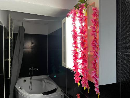 锡吉什瓦拉House of Maria的浴室内有粉红色的鲜花,挂在窗户上