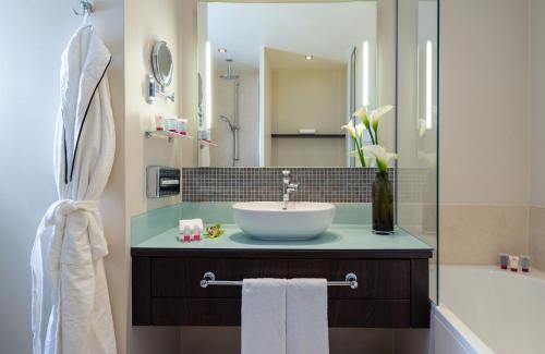 慕尼黑慕尼黑里奥纳多皇家酒店的一间带水槽和大镜子的浴室