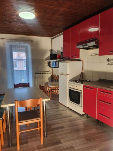罗克Roč Holiday Home的厨房配有红色橱柜、桌子和炉灶。