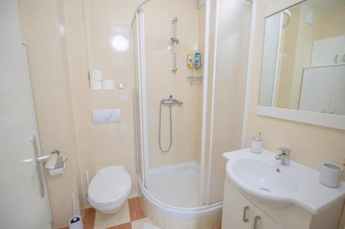 查科韦茨Apartman Nora的带淋浴、卫生间和盥洗盆的浴室