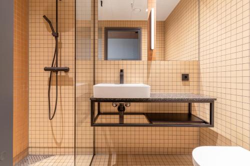 万塔Comfort Hotel Helsinki Airport的一间带水槽和淋浴的浴室