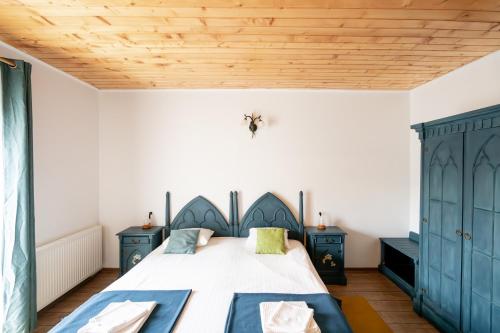 波亚纳布拉索夫TACHE APARTMENTS 2的一间卧室配有一张带蓝色橱柜的床和木制天花板。