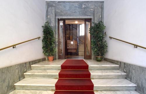 罗马B&B Casa Cimabue Roma的一套铺有红地毯的楼梯,种有植物