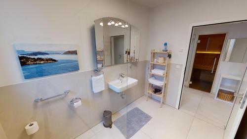 拉博埃Dünenkoje的一间带水槽和镜子的浴室