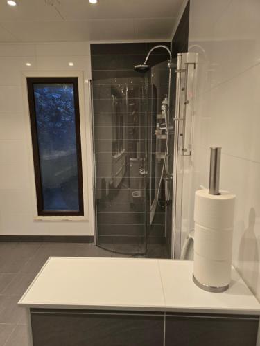 FlorvågFlorvåg -flott utsikt mot byen的带淋浴和白色台面的浴室