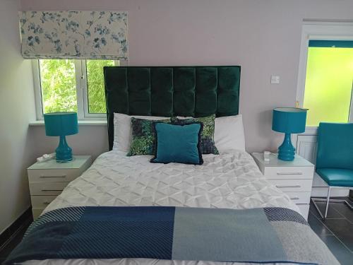 戈尔韦Ardan Mhuire的一间卧室配有一张大床和两盏蓝色灯